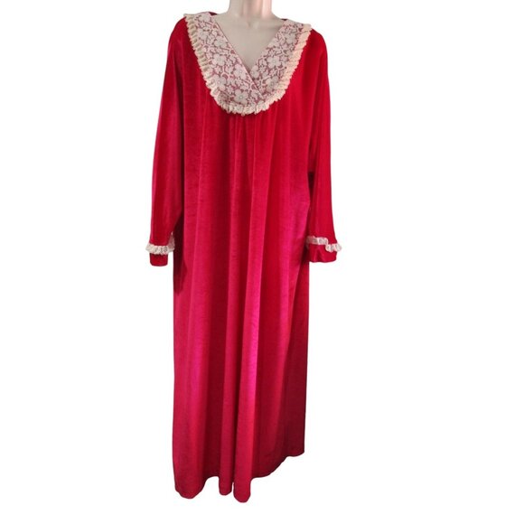 Monte Carlo Raspberry Red Velvet Lace Trim Kaftan House Dress Vintage One Size - Picture 4 of 16